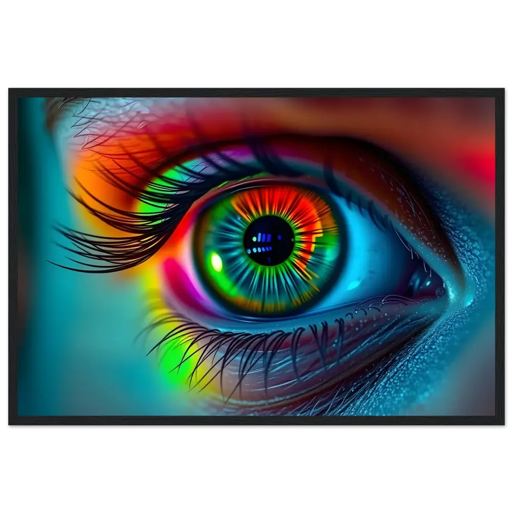 Vibrant rainbow-colored eye displayed in Spectrum Vision Mirrored Framed Poster by PixiOnyx