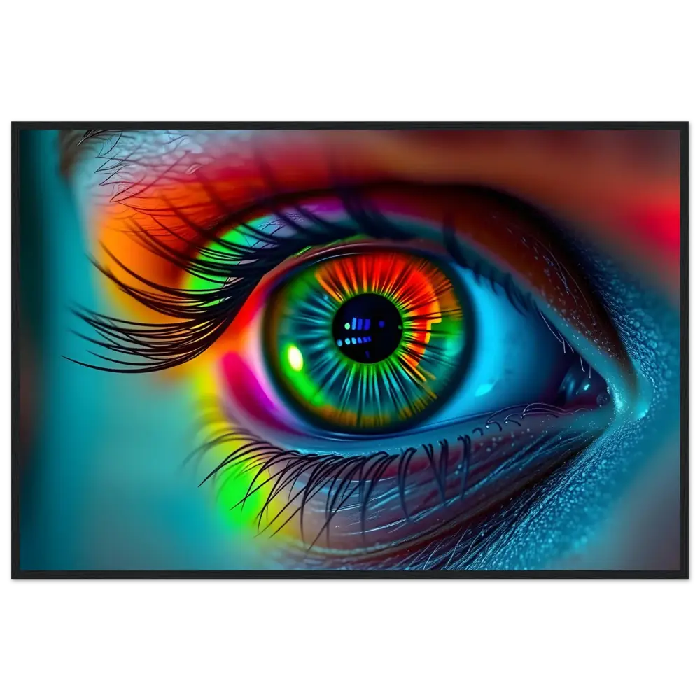 Vibrant rainbow-colored eye reflected in Spectrum Vision Mirrored Framed Poster by PixiOnyx