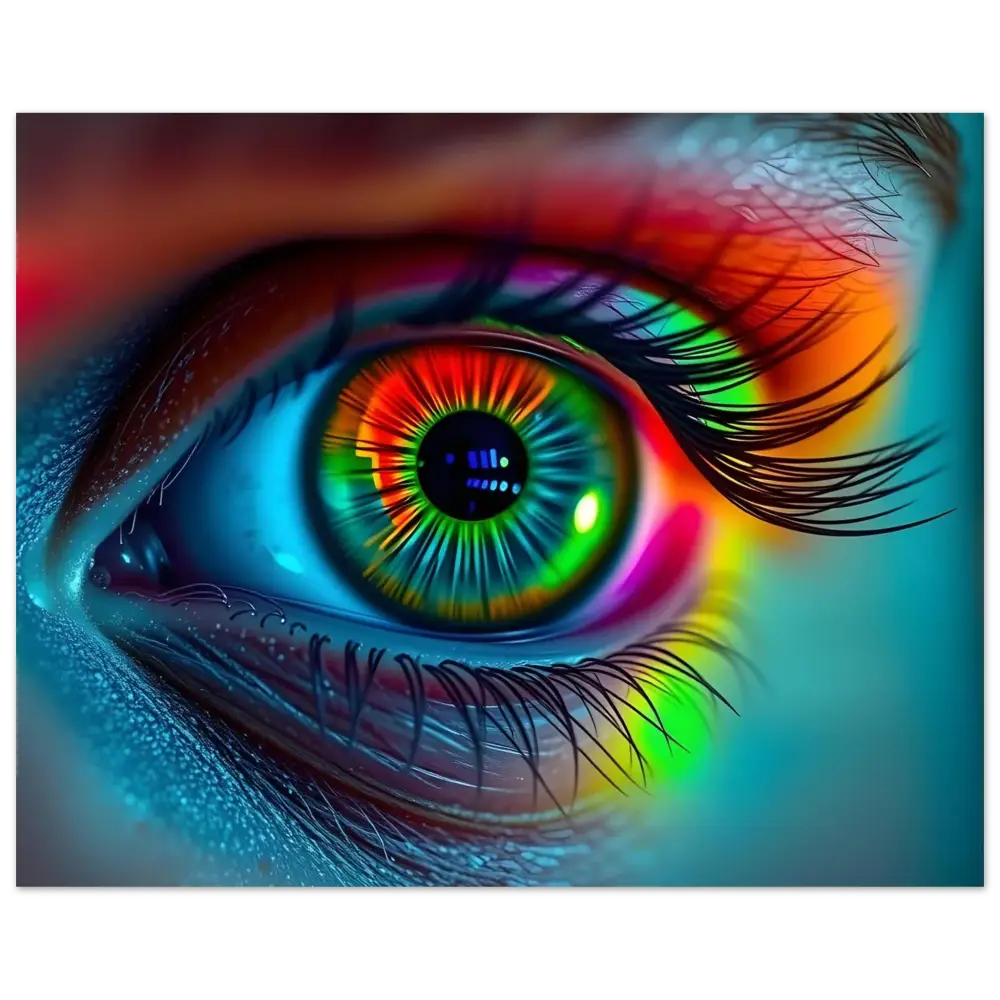 Vibrant rainbow-colored human eye on Spectrum Vision Poster Chromatic Stare PixiOnyx