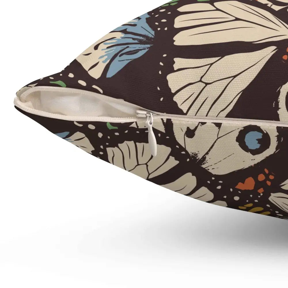 Dark brown Square Pillow Butterfly Garden Bloom with cream, blue, and orange butterflies