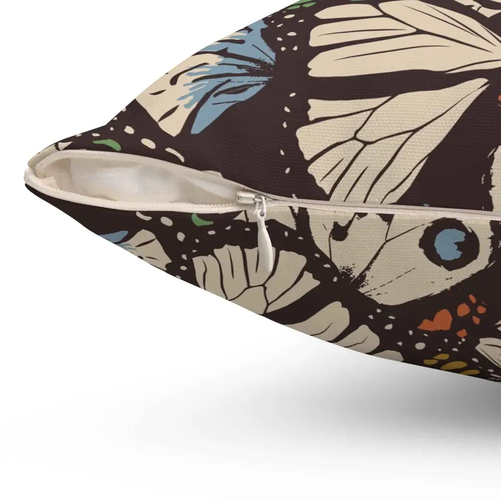 Dark brown Square Pillow with Butterfly Garden Bloom pattern and white zipper