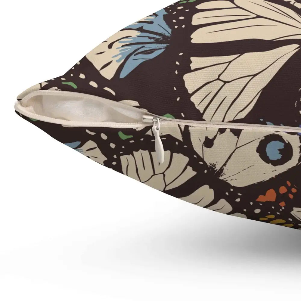 Decorative square pillow with butterfly garden bloom pattern and zipper closure