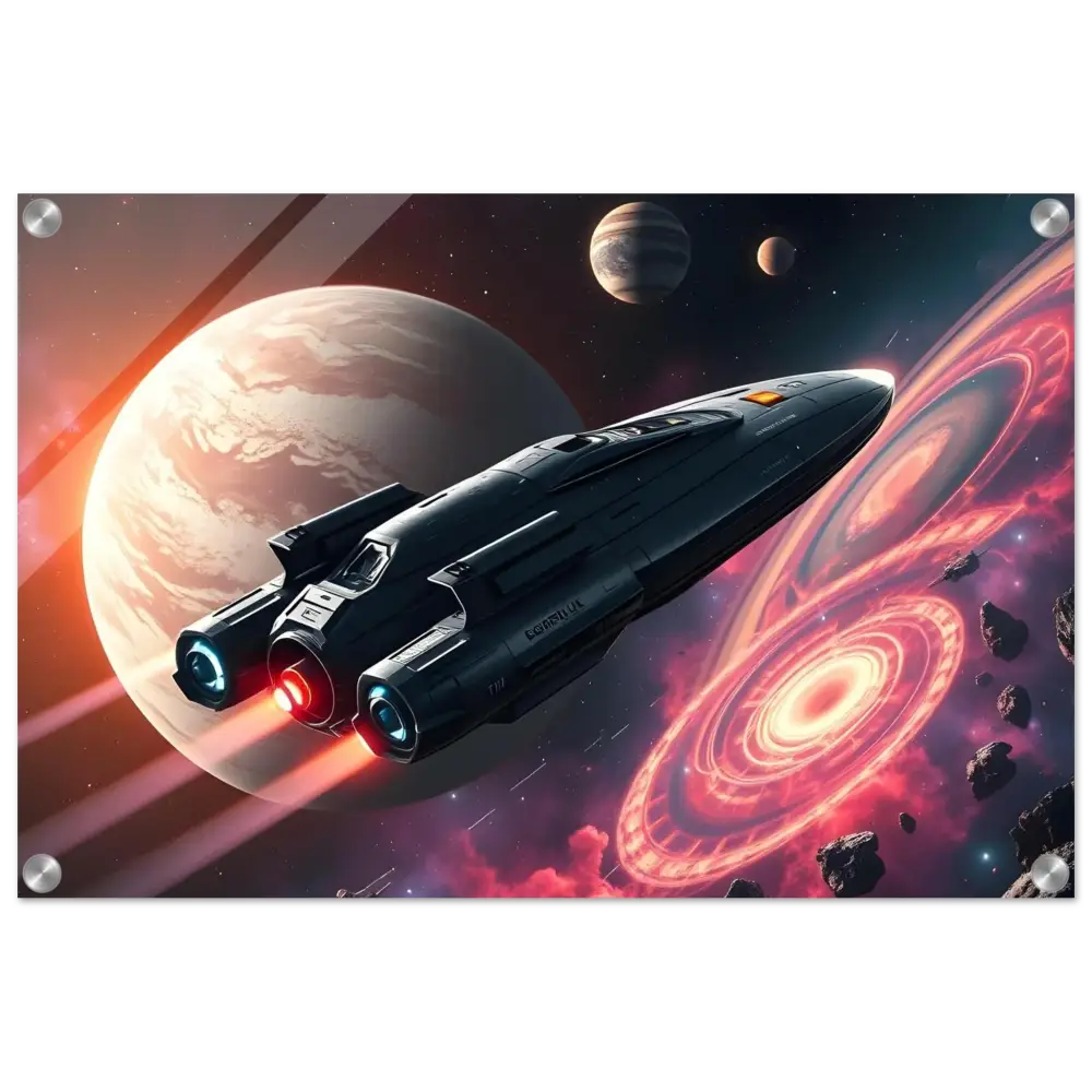 Sleek spaceship with glowing engines displayed in Starship Voyager Acrylic Wall Art by PixiOnyx