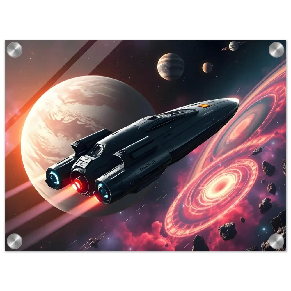 Sleek spaceship with glowing engines displayed as Starship Voyager Acrylic Wall Art by PixiOnyx