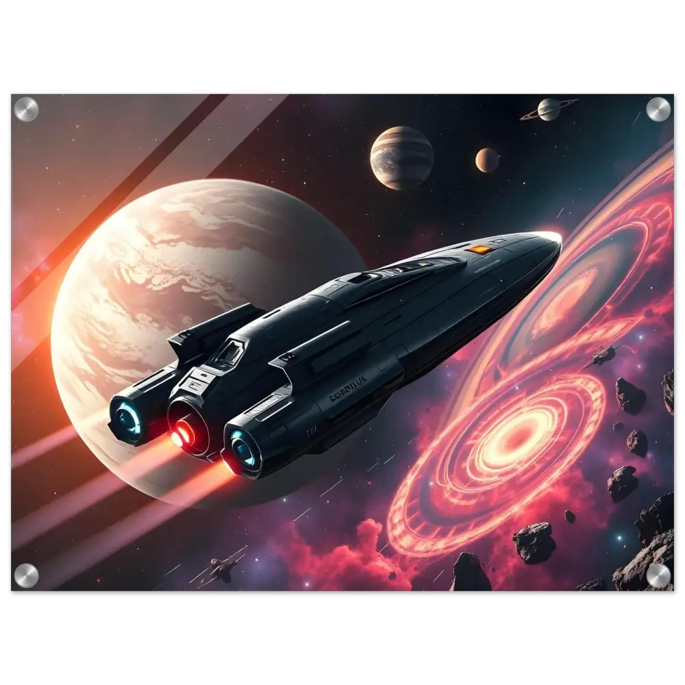 Sleek spaceship with glowing engines in Ultra-HD Space Voyage acrylic wall art by PixiOnyx