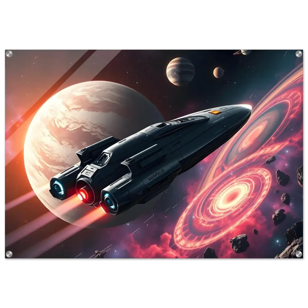 Sleek spaceship with glowing engines depicted in Starship Voyager Acrylic Wall Art by PixiOnyx
