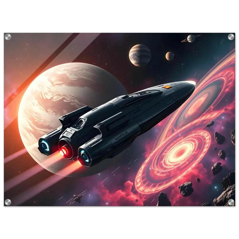 Sleek spaceship with glowing engines depicted in Starship Voyager Acrylic Wall Art by PixiOnyx
