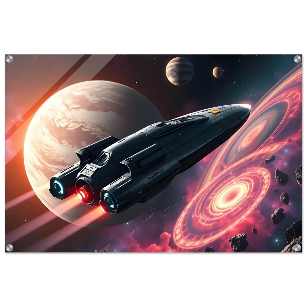 Sleek spaceship with glowing engines displayed in Starship Voyager acrylic wall art by PixiOnyx
