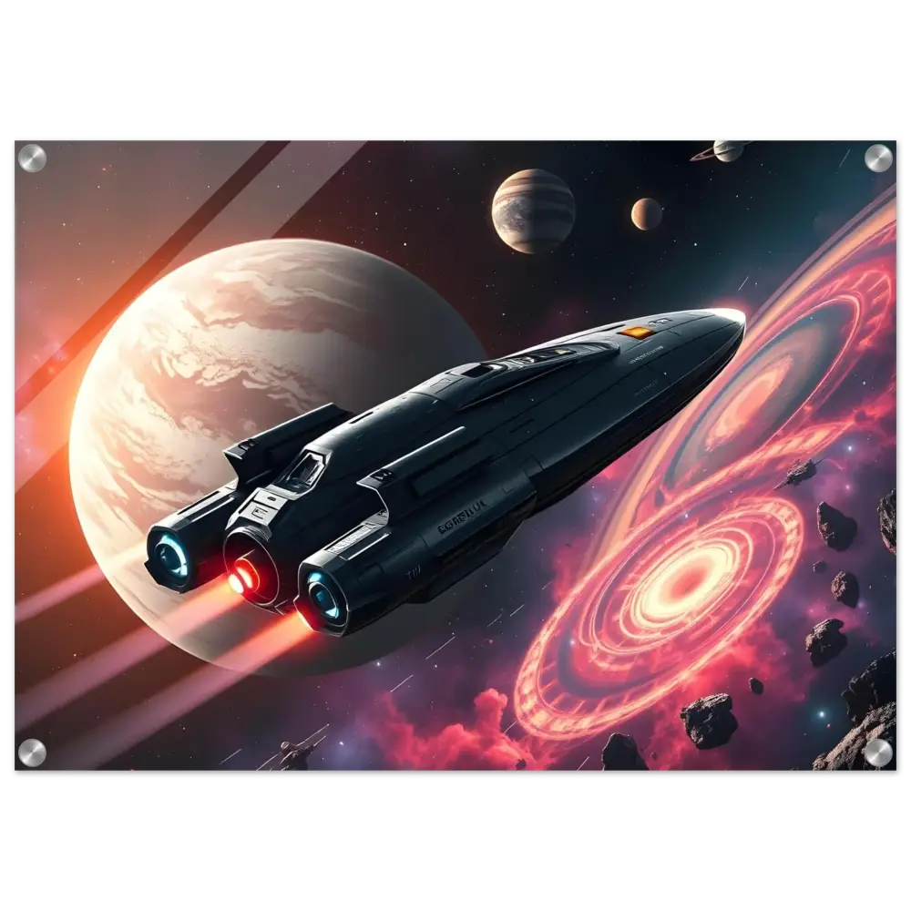 Sleek spaceship with glowing engines showcased in Starship Voyager Acrylic Wall Art by PixiOnyx