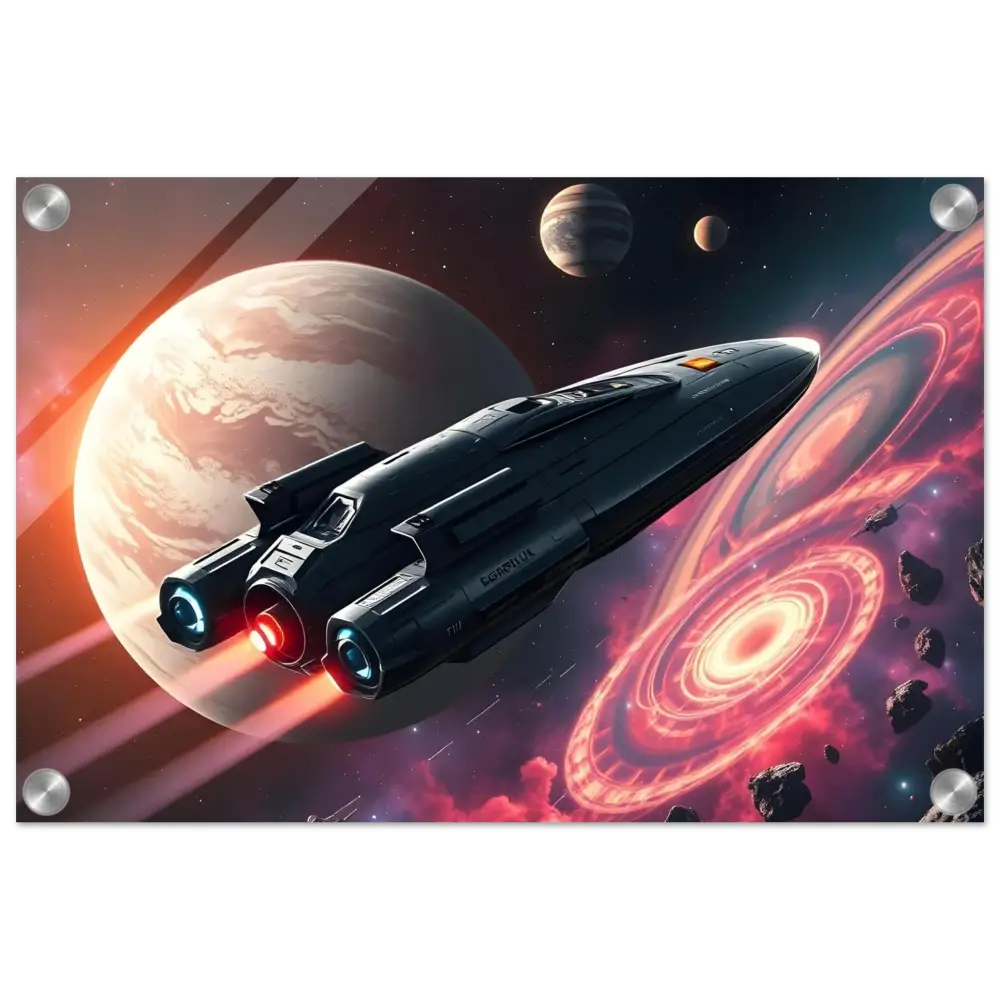 Sleek spaceship with glowing engines displayed on Starship Voyager Acrylic Wall Art by PixiOnyx