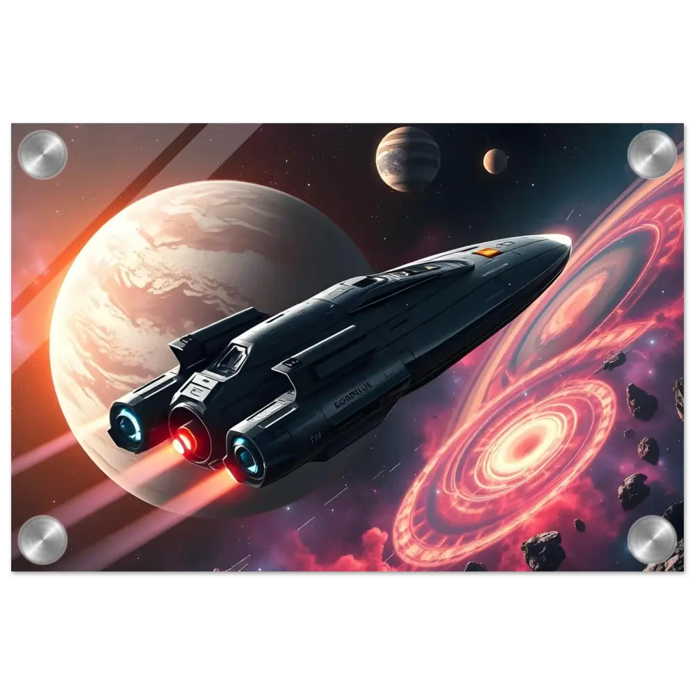 Sleek spaceship with glowing engines displayed on Starship Voyager Acrylic Wall Art by PixiOnyx
