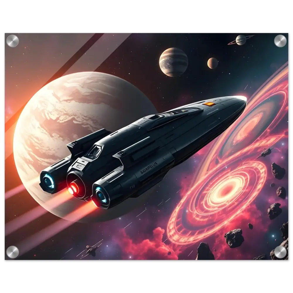 Sleek spaceship with glowing engines on Starship Voyager Acrylic Wall Art by PixiOnyx