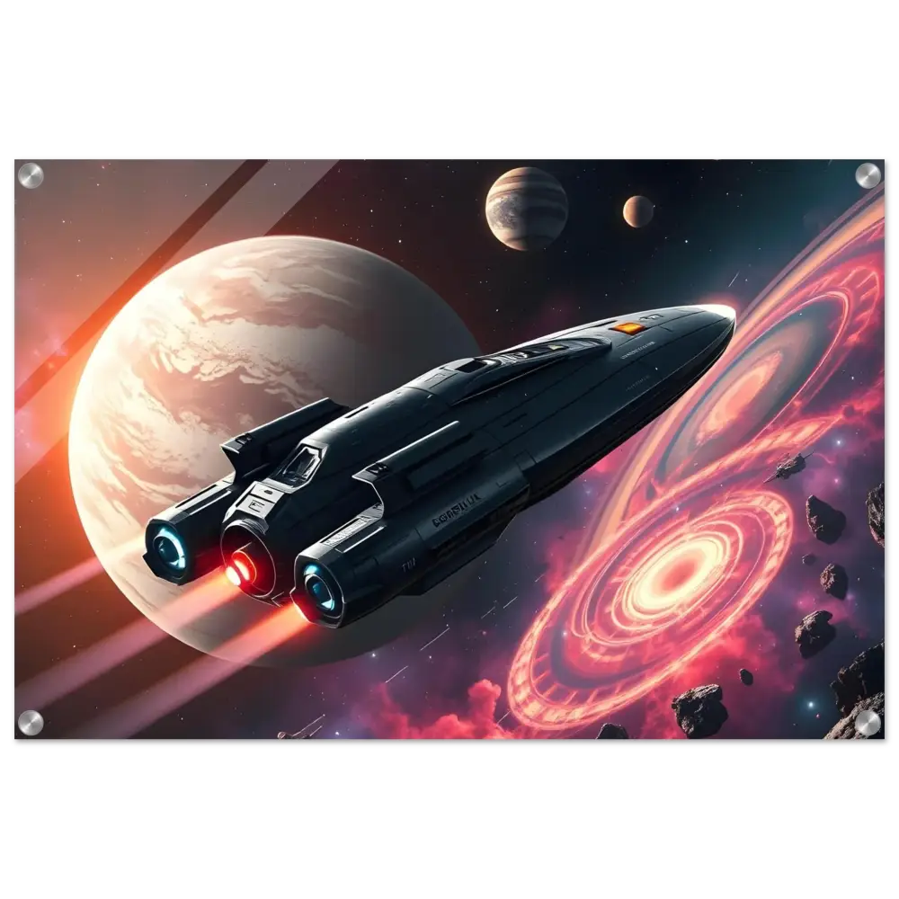 Sleek spaceship with glowing engines displayed on Starship Voyager Acrylic Wall Art by PixiOnyx