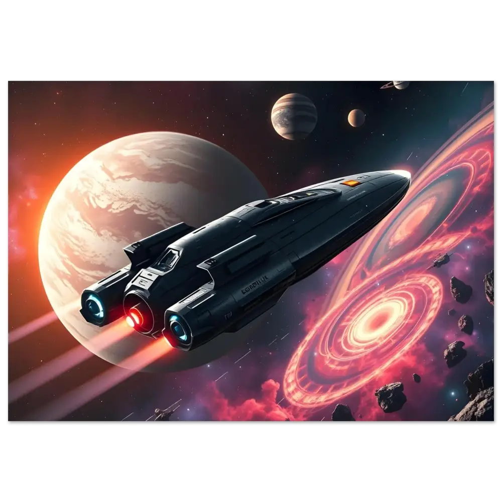 Sleek spaceship with glowing engines from Starship Voyager Cosmic Sci-Fi Poster by PixiOnyx