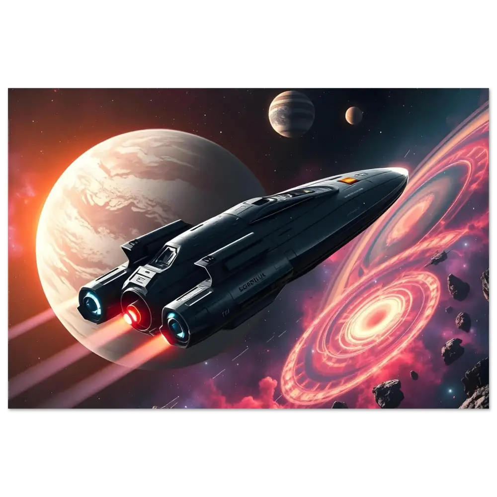Sleek spaceship with glowing engines from Starship Voyager Fine Art Poster by PixiOnyx