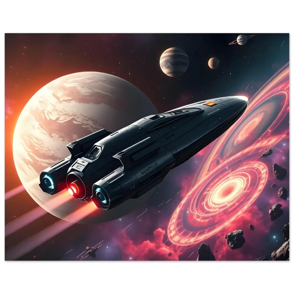 Sleek spaceship with glowing engines on Starship Voyager Fine Art Poster by PixiOnyx