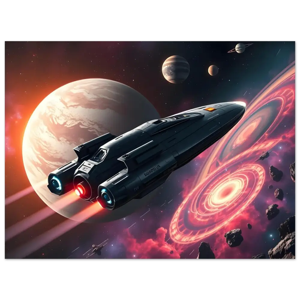 Sleek spaceship with glowing engines on Starship Voyager Fine Art Poster by PixiOnyx