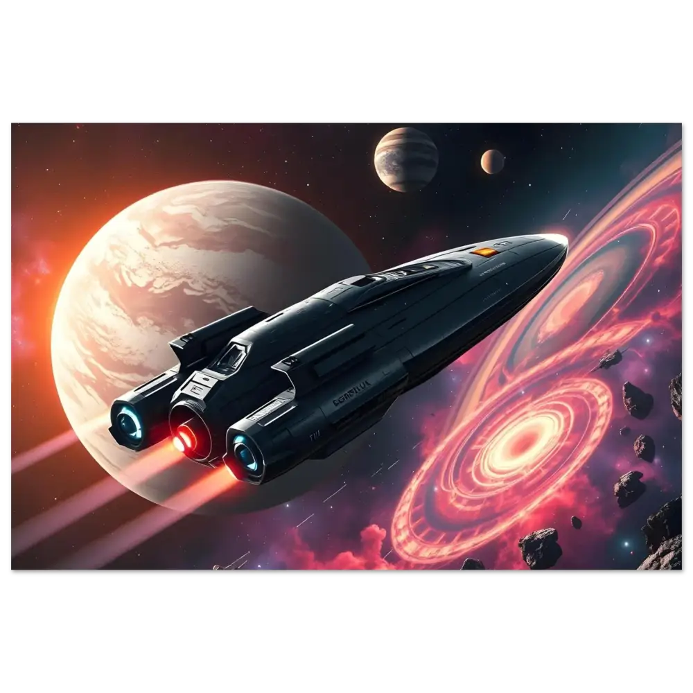 Sleek dark spaceship with glowing engines in cosmic sci-fi art poster by PixiOnyx