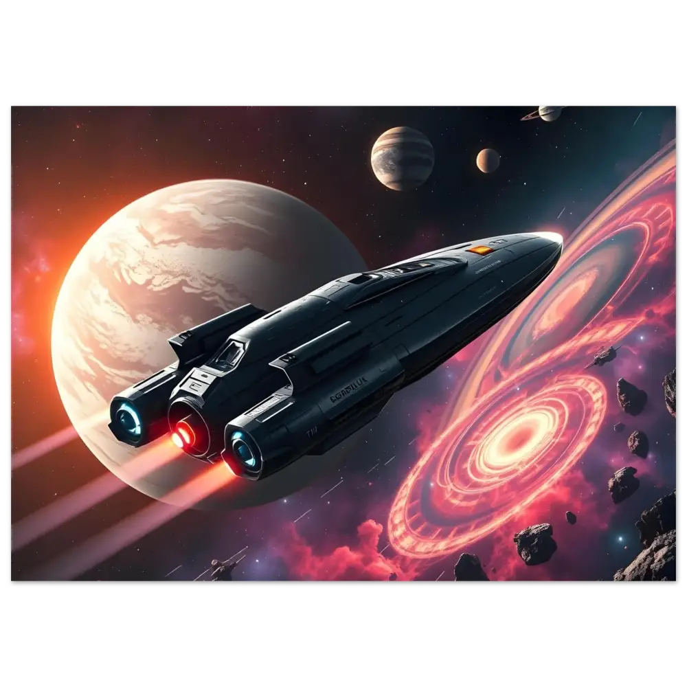 Sleek spaceship with glowing engines displayed as Starship Voyager – Framed Print Wall Art