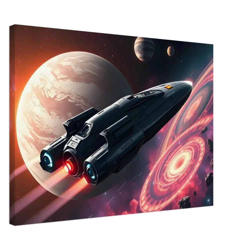 Futuristic spaceship with glowing engines on Starship Voyager stretched canvas by PixiOnyx