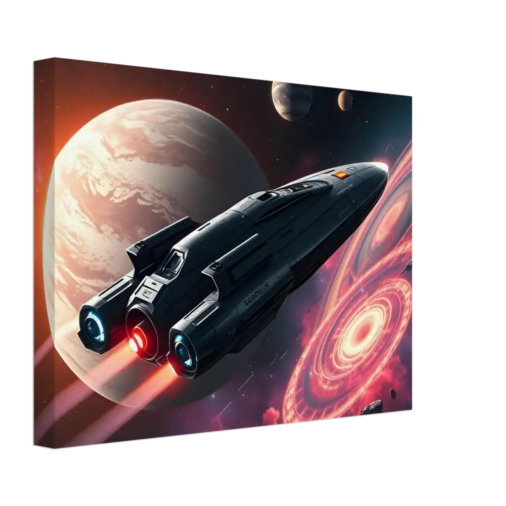 Framed spaceship art from Starship Voyager Stretched Canvas by PixiOnyx representing a cinematic space adventure