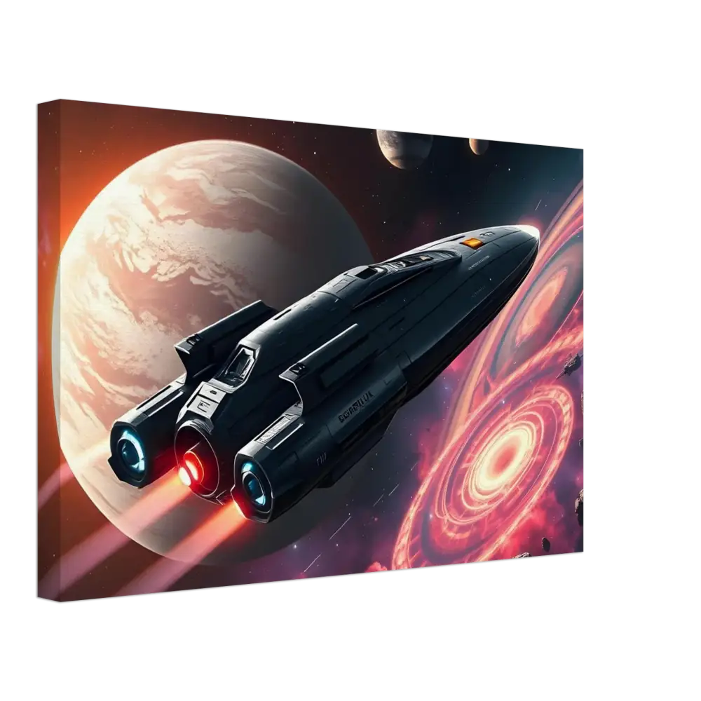 Framed spaceship art displayed on Starship Voyager Stretched Canvas by PixiOnyx