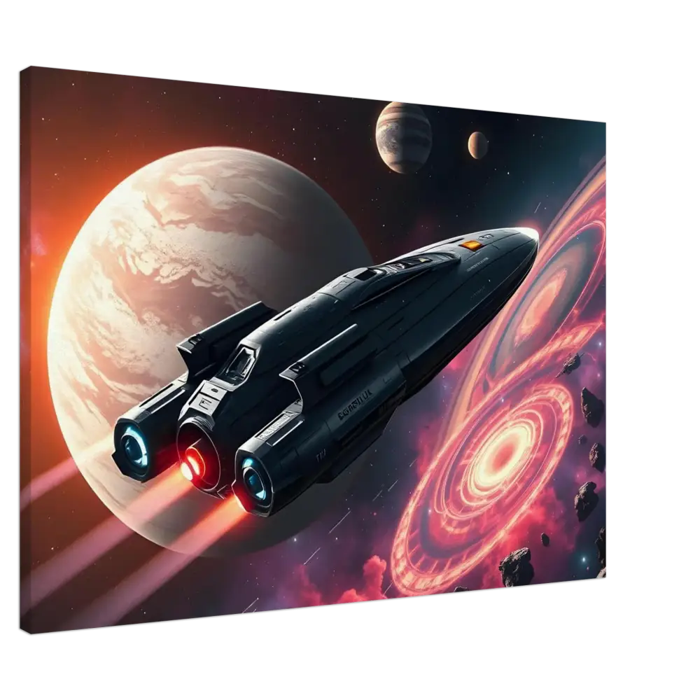 Futuristic spaceship with glowing engines on Starship Voyager Stretched Canvas by PixiOnyx