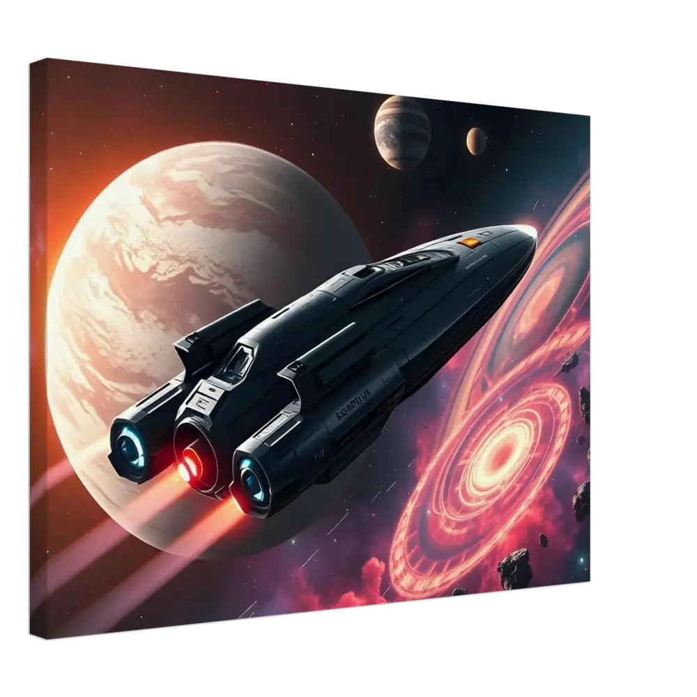 Futuristic spaceship with glowing engines on Starship Voyager Stretched Canvas by PixiOnyx