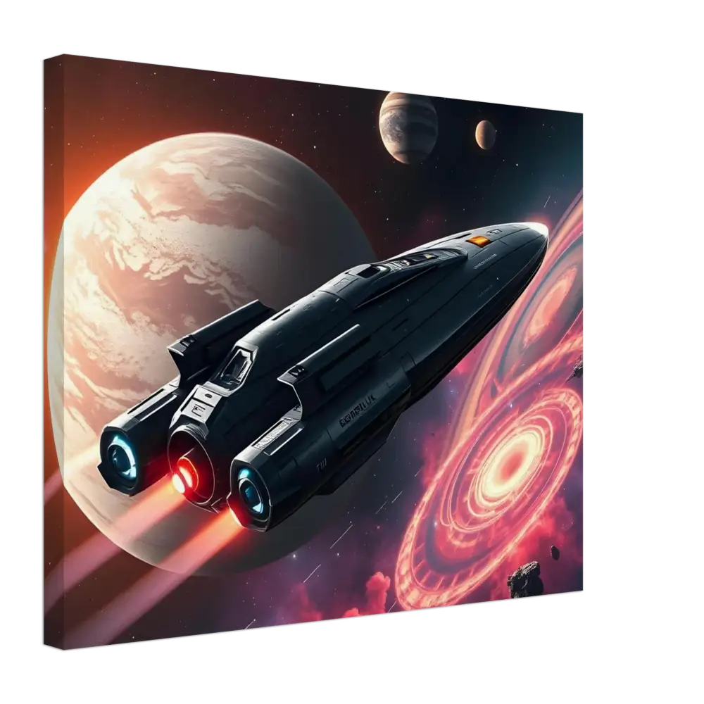 Sleek spaceship with glowing engines on Starship Voyager stretched canvas by PixiOnyx