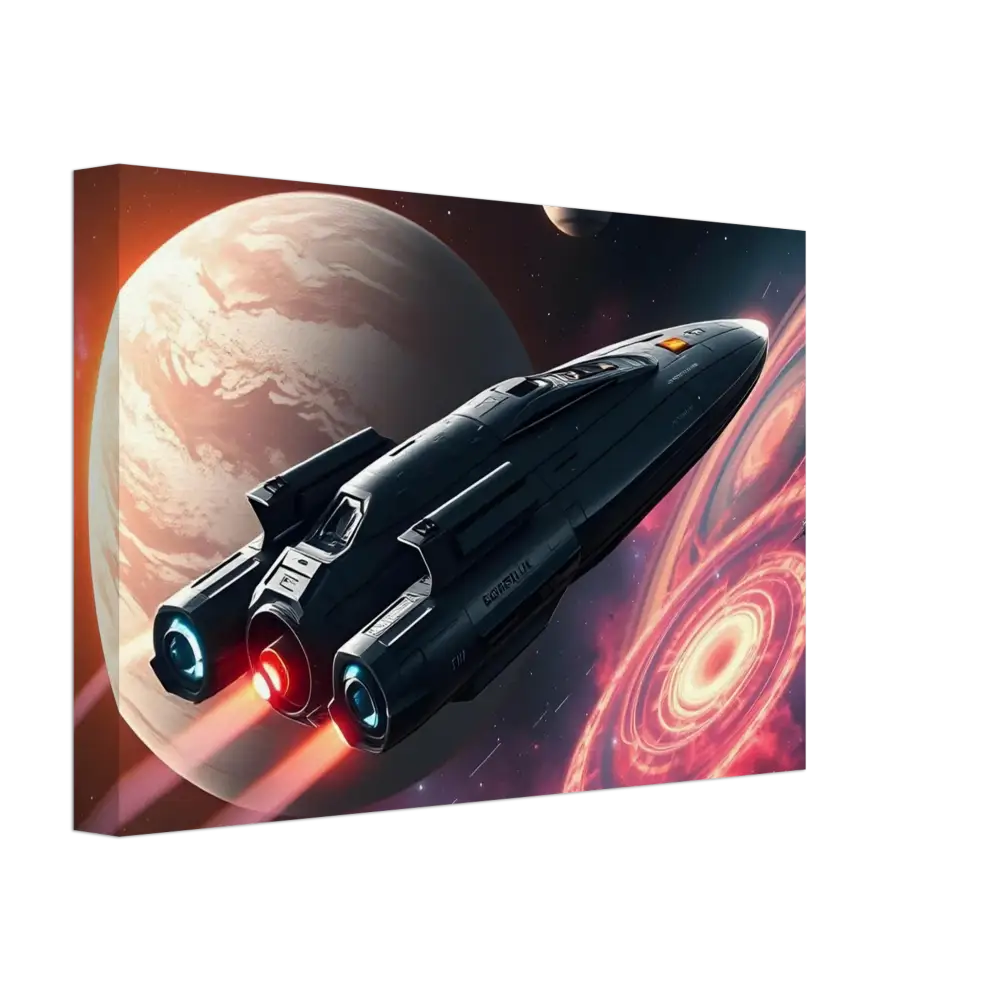Sleek spaceship with glowing engines on Starship Voyager Stretched Canvas by PixiOnyx