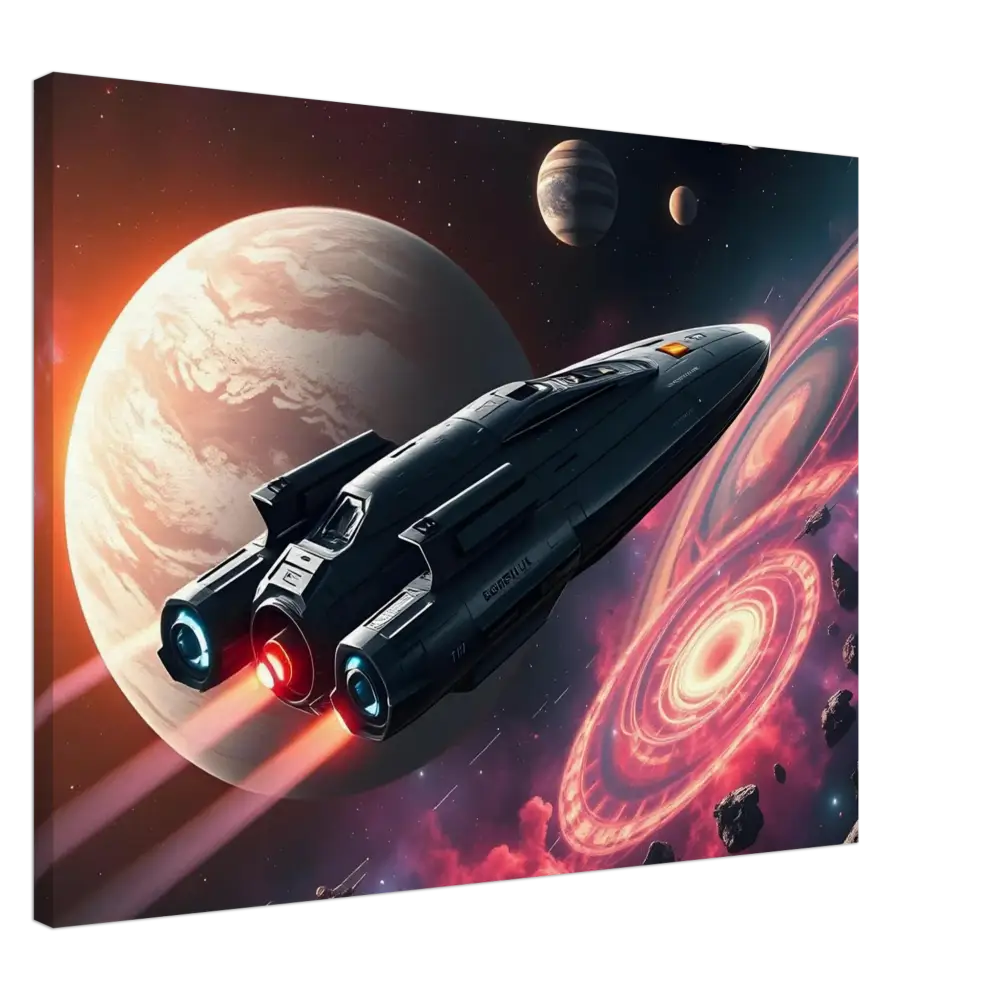 Framed spaceship art from Starship Voyager Stretched Canvas by PixiOnyx for cinematic space adventure
