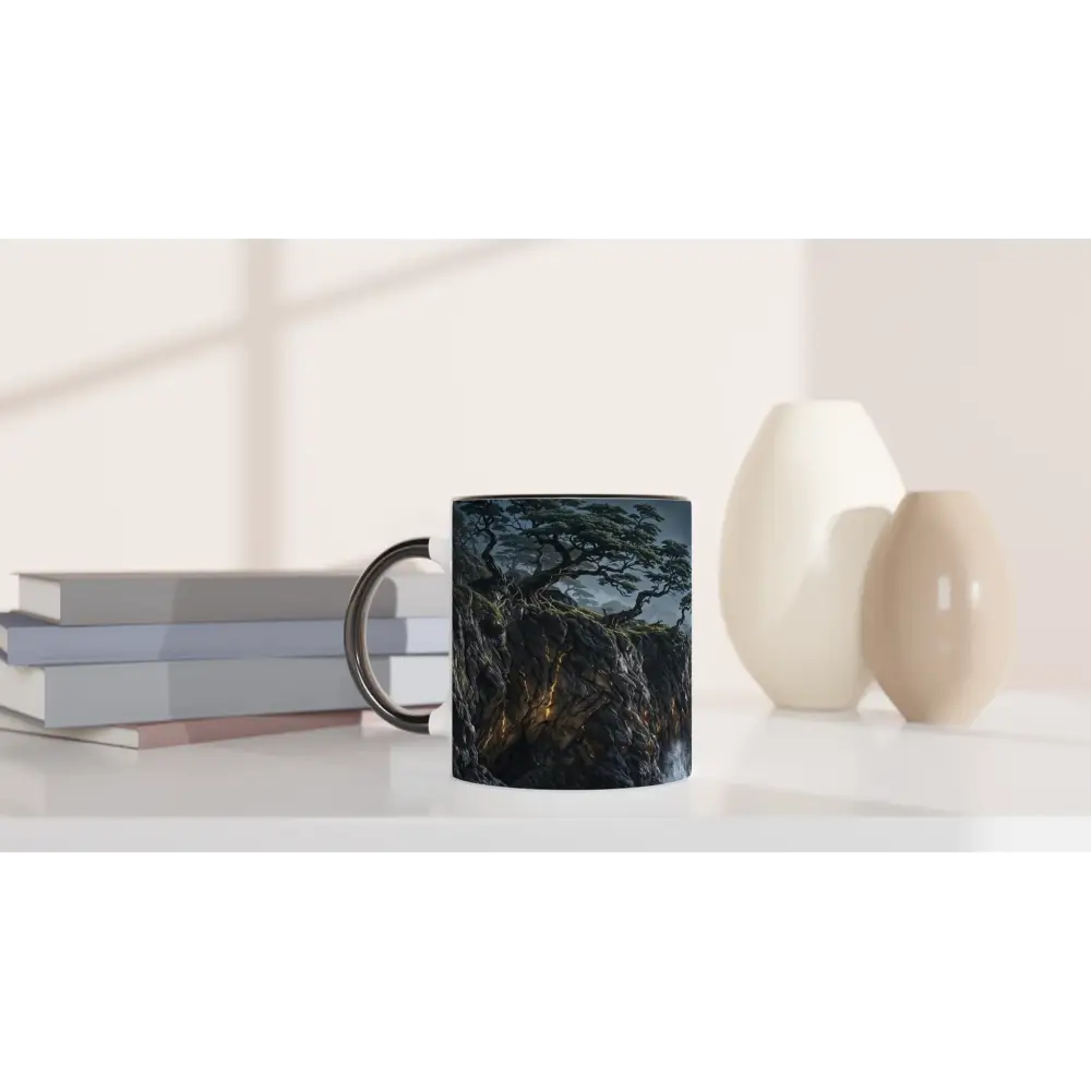 Stunning ceramic mug featuring Stormroot Cliffs nature scene on black ceramic mug