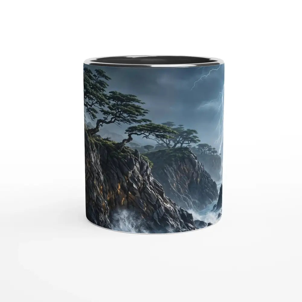 Stunning ceramic mug featuring Stormroot Cliffs landscape with stormy sea and lightning