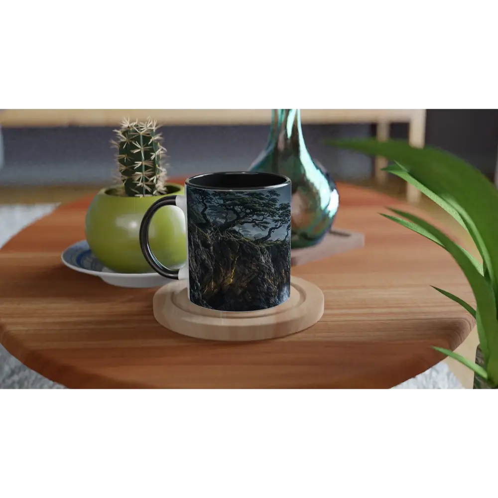 Black ceramic mug with nature-themed print from Stormroot Cliffs by PixiOnyx Drinkware