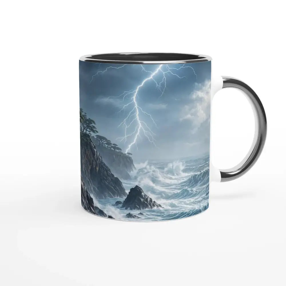 Stormroot Cliffs ceramic mug with dramatic coastal lightning storm and turbulent waves