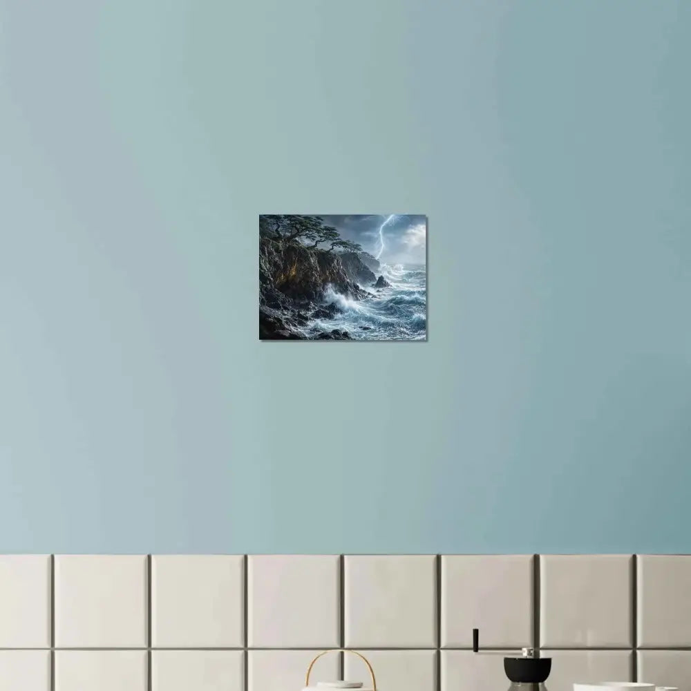 Stormroot Cliffs fine art poster depicting a stormy seascape with crashing waves and lightning