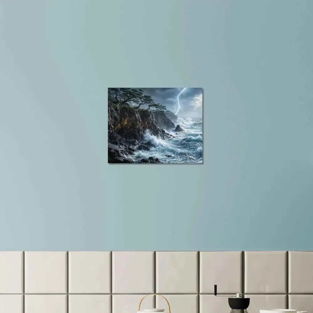 Stormroot Cliffs fine art poster showing stormy sea and lightning crashing on rocks
