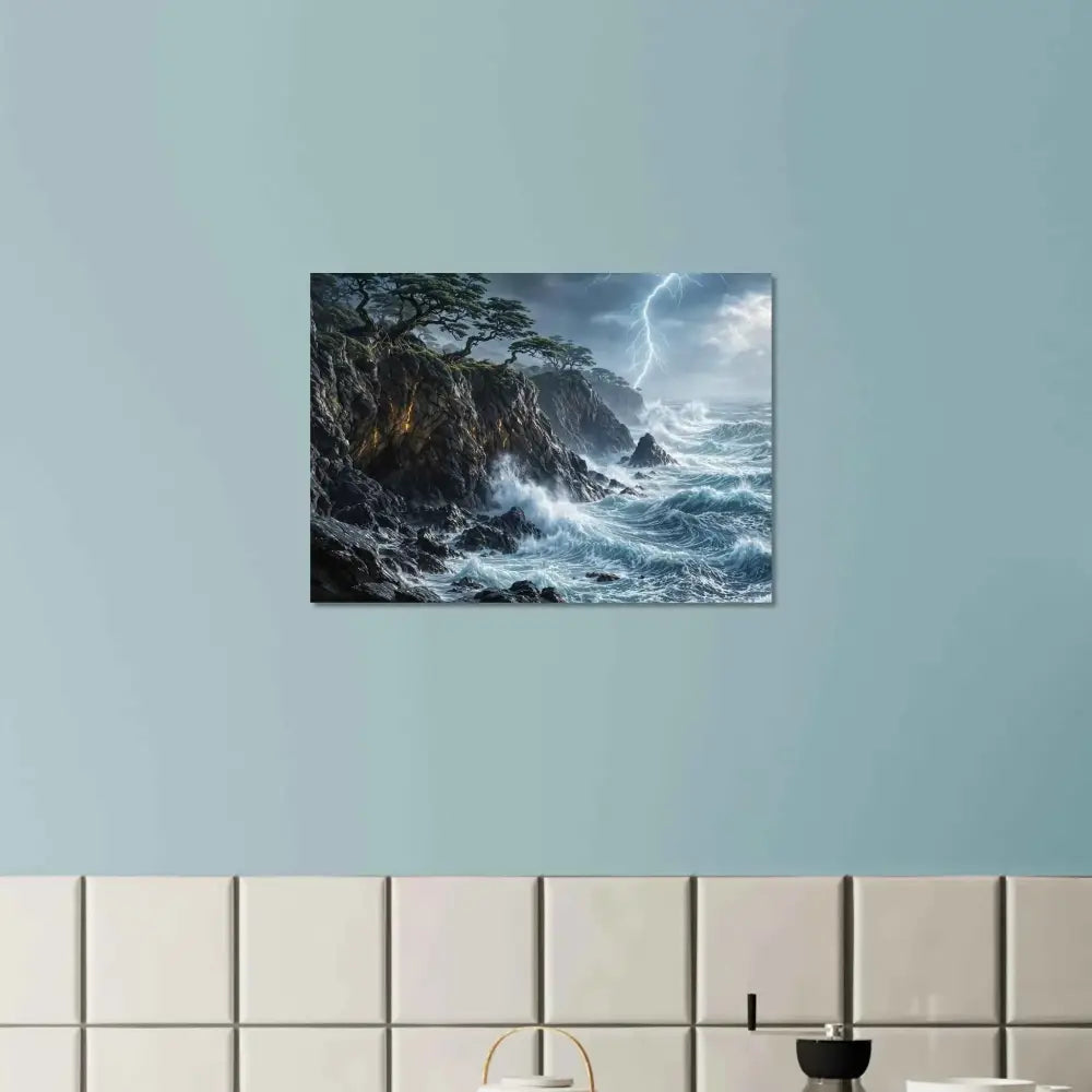 Stormroot Cliffs fine art poster showing stormy sea with crashing waves and lightning