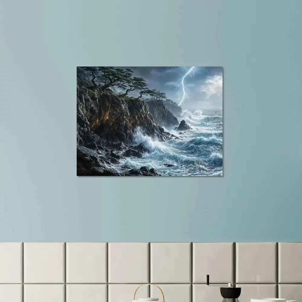 Stormroot Cliffs fine art poster featuring a stormy sea with crashing waves and lightning