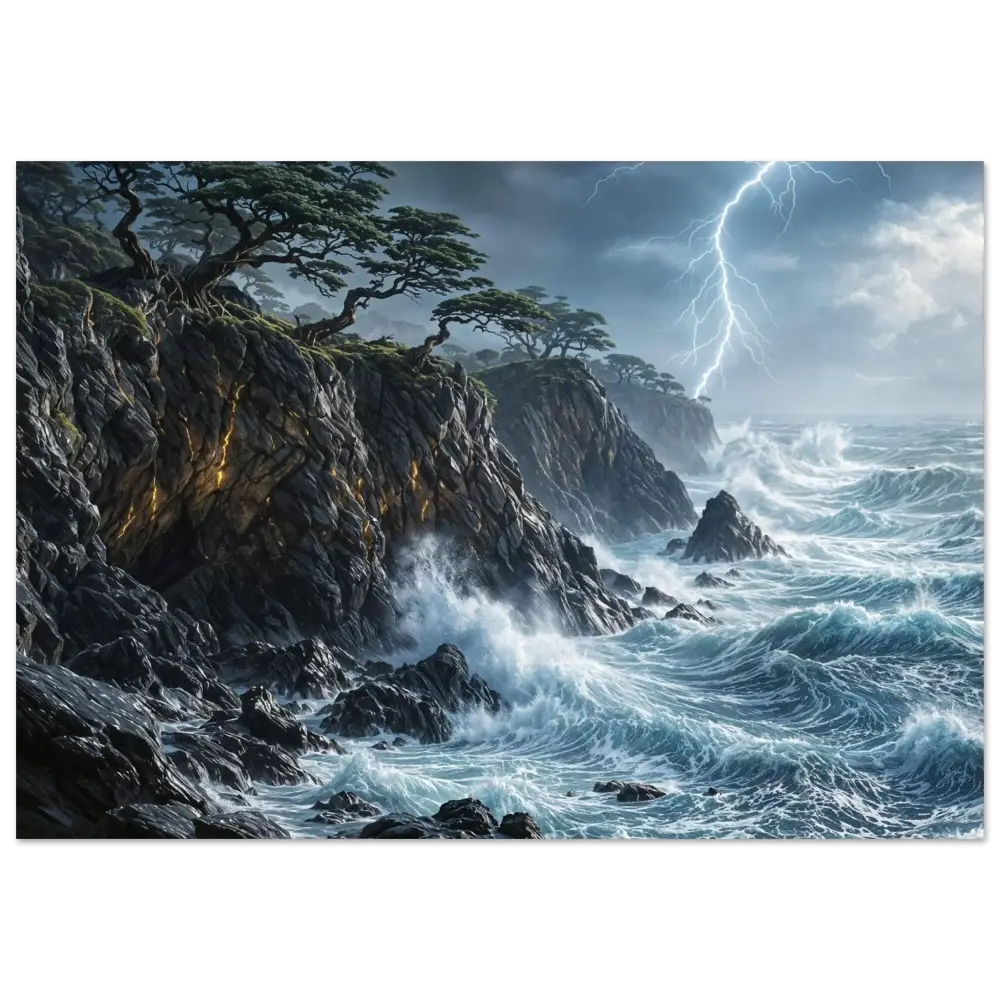 Stormroot Cliffs fine art poster featuring dramatic coastal scene with crashing waves and lightning