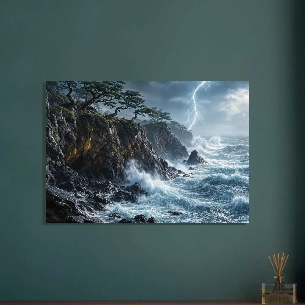 Stormroot Cliffs fine art poster featuring stormy sea, lightning, and rocky cliffs