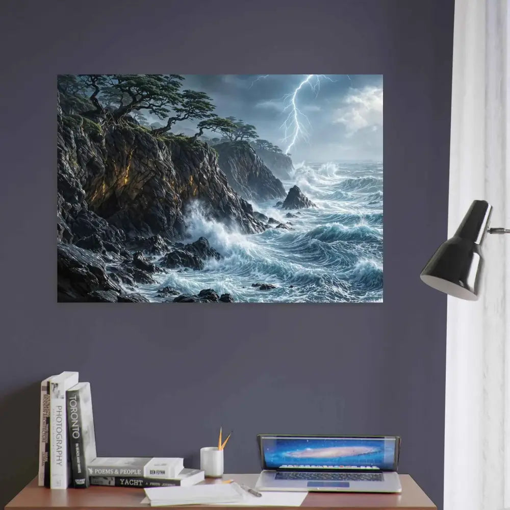 Stormroot Cliffs fine art poster depicting a stormy sea with lightning over rocky cliffs