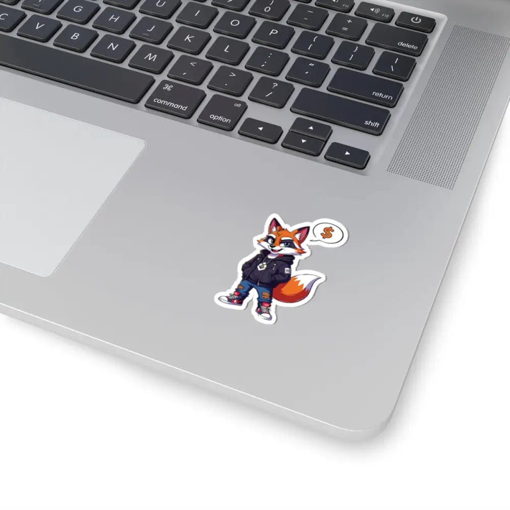 Street Hustle Fox Kiss-Cut Sticker featuring a cartoon fox with dollar sign thought bubble