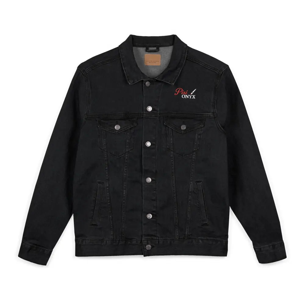 Black unisex PixiOnyx denim jacket with silver buttons and red embroidery for stylish denim jacket care