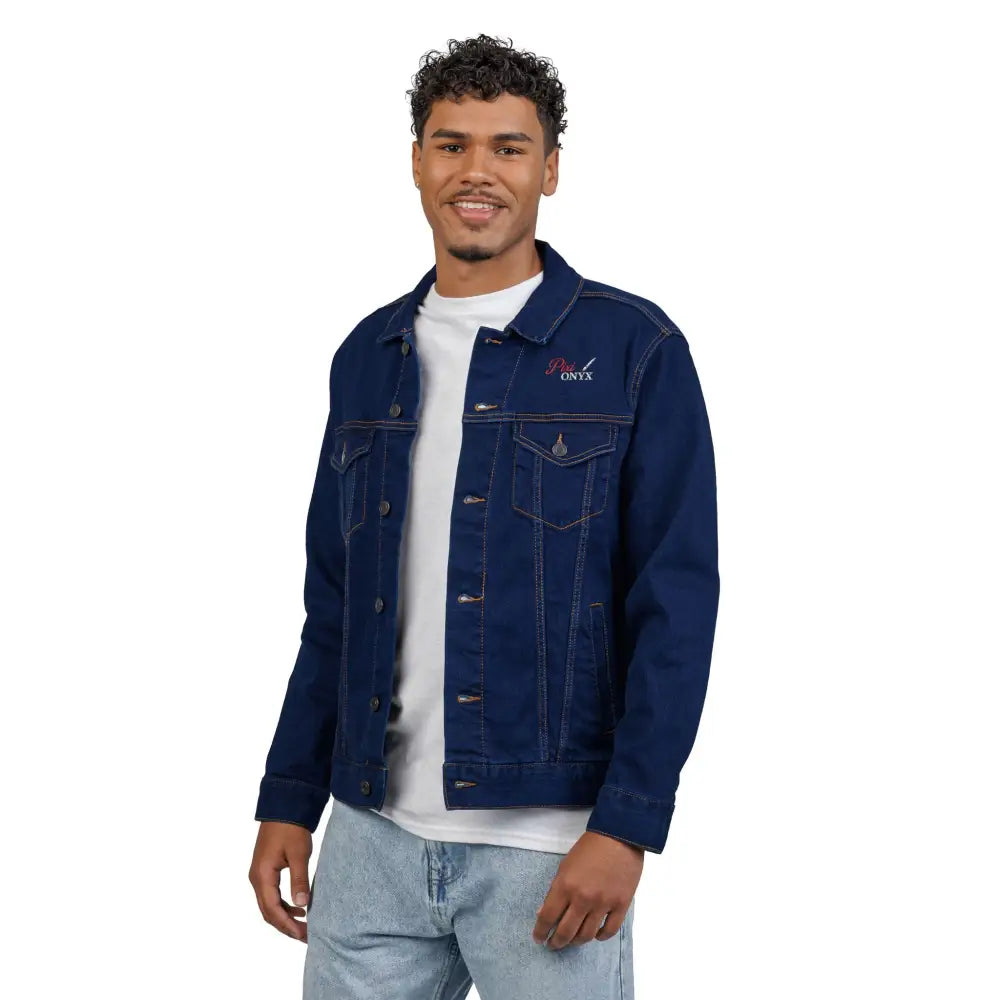Man wearing stylish PixonYnx unisex PixiOnyx denim jacket with embroidery and light-wash jeans