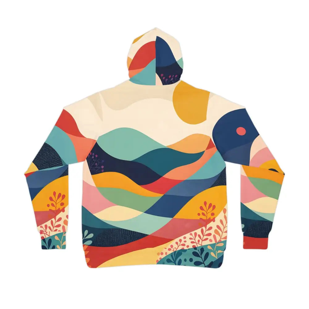 Colorful landscape hoodie with abstract nature print from Sunset Grove AOP Hoodie collection