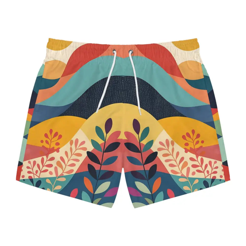 Colorful patterned swim trunks with abstract nature landscape design for men’s beachwear