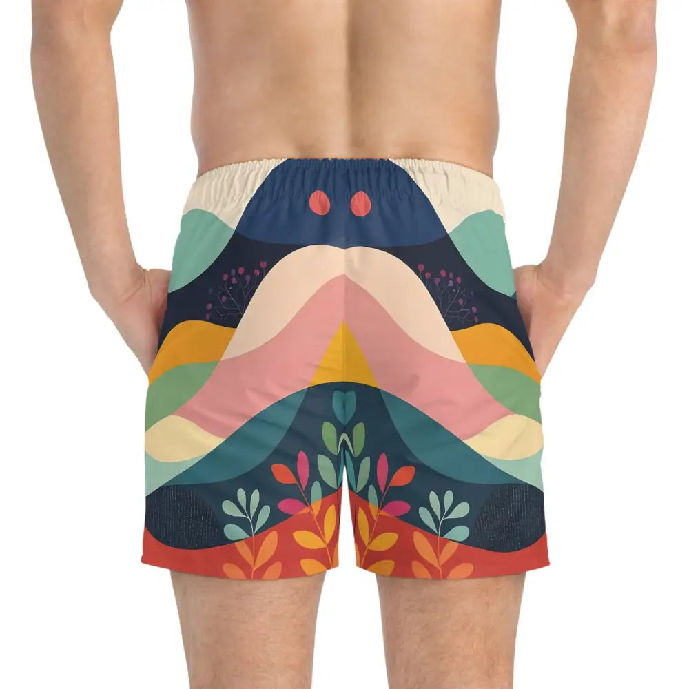 Colorful patterned swim trunks with abstract nature landscape design for men’s beachwear