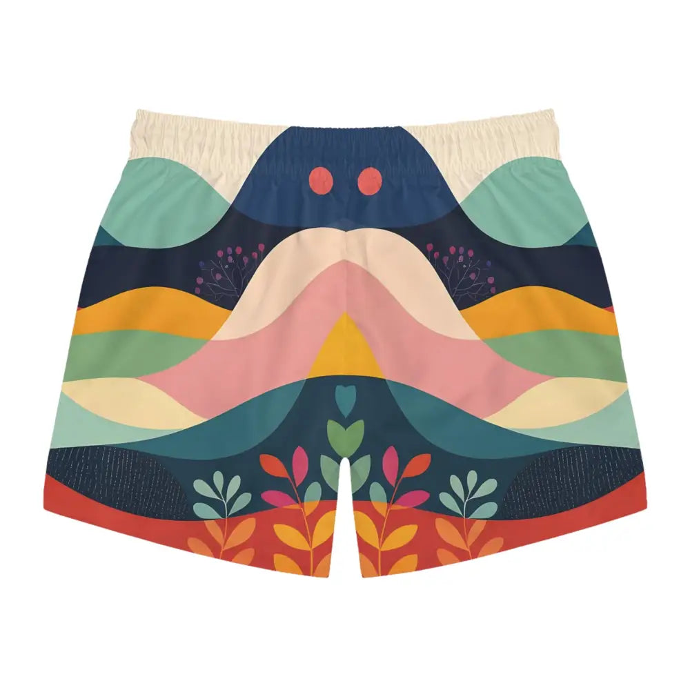 Colorful patterned swim trunks featuring abstract nature landscape design for men’s beachwear