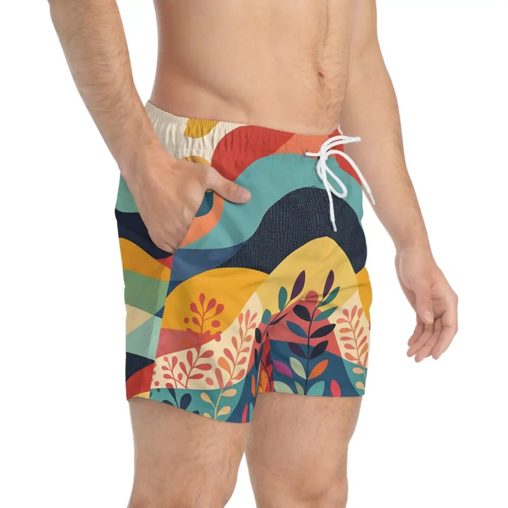 Men’s patterned swim trunks with abstract nature landscape design by PixiOnyx Festivalwear